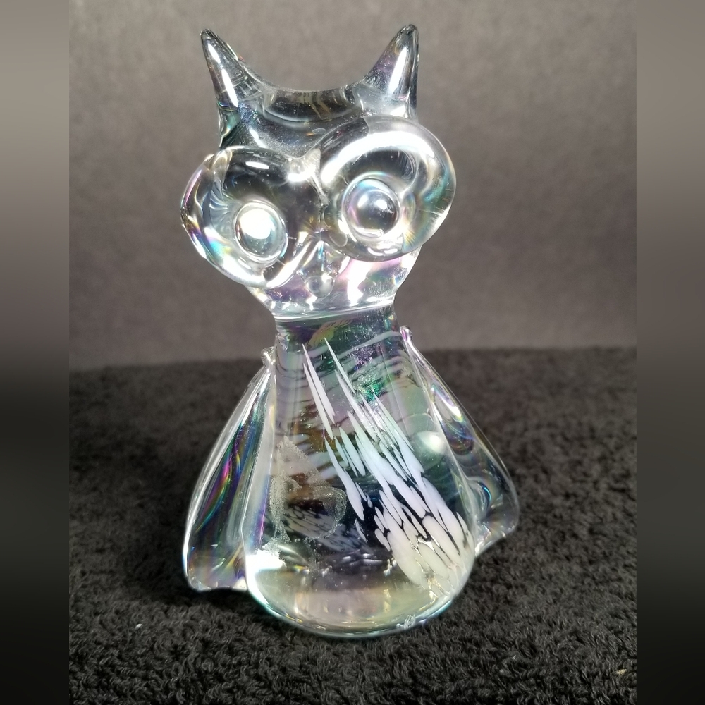 Blown Iridescent Glass Owl Figurine